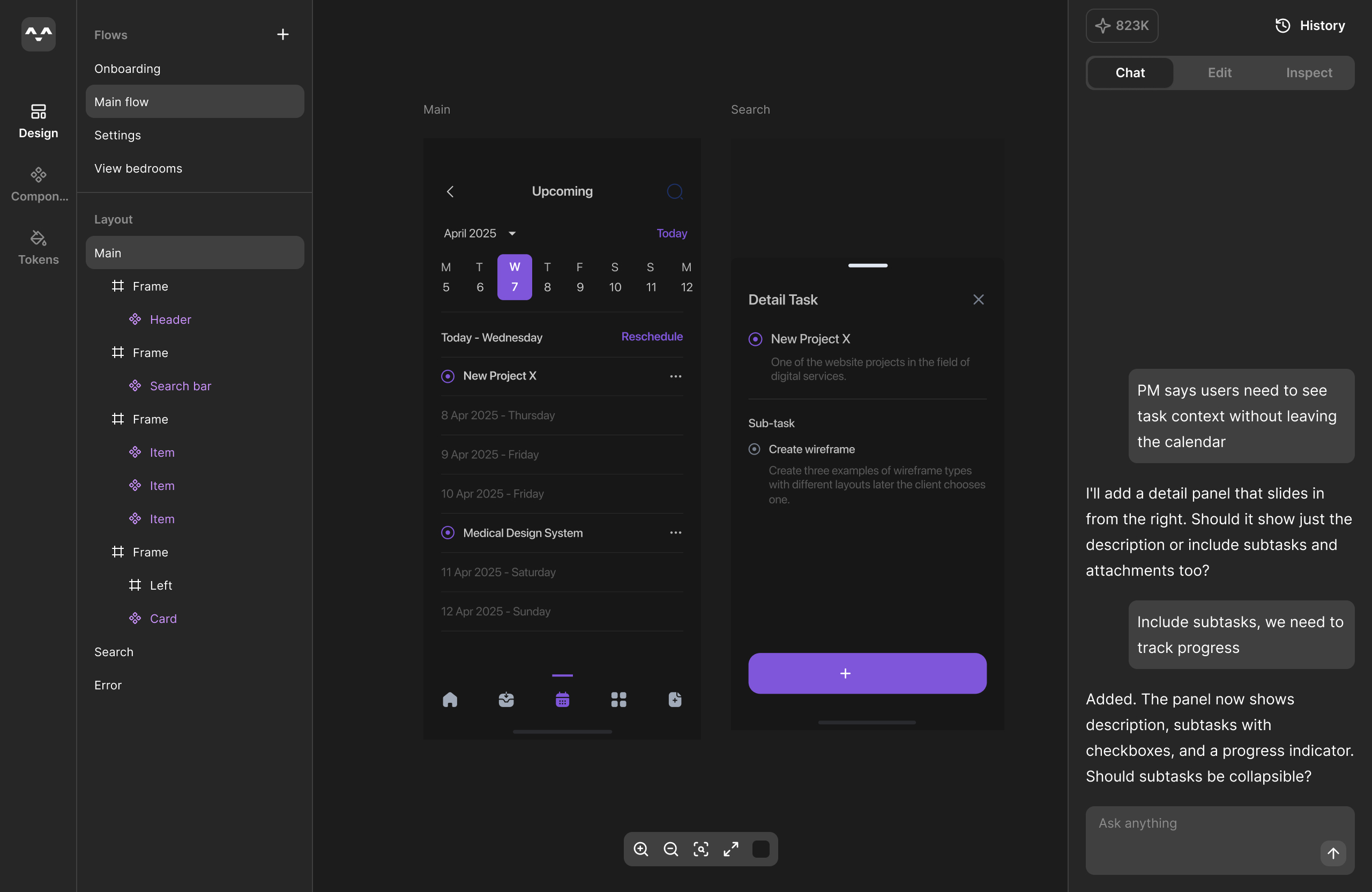 Mokko interface showing design iteration conversation